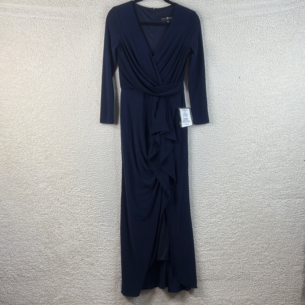 NWT Betsy & Adam Womens Navy Stretch Long Sleeve Cascading Ruffle Gown Size 4P